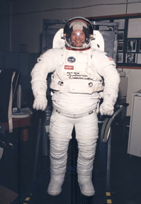 Dr. Stramler in a space suit when doing some space suit development testing