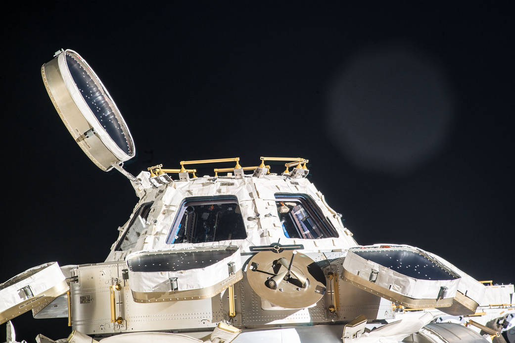 close-up view of cupola on ISS